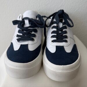 J/Slides White Leather Sneakers with Navy Suede Toe and Navy Laces